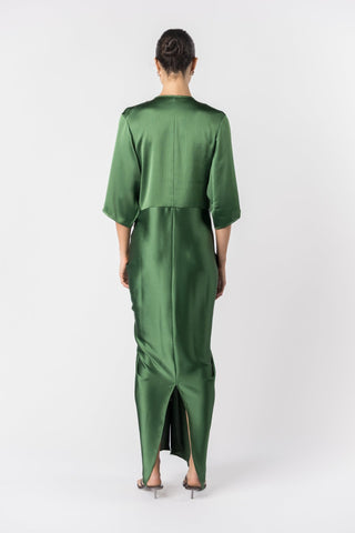 ALEX-KIMONO-MATILDA-GREEN-MAXI-Dress-One Fell Swoop WITH SLEEVE - SHOT ON A WOMAN IN STUDIO. back SHOT 