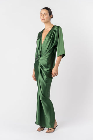 ALEX KIMONO - MATILDA - GREEN - MAXI - Dress- One Fell Swoop WITH SLEEVE - SHOT ON A WOMAN IN STUDIO. FRONT SIDE SHOT 