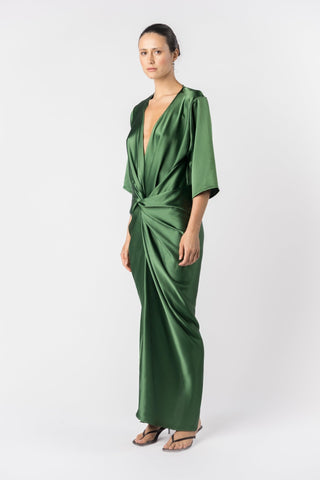 ALEX KIMONO - MATILDA - GREEN - MAXI - Dress- One Fell Swoop WITH SLEEVE - SHOT ON A WOMAN IN STUDIO. FRONT SIDE SHOT 