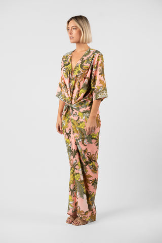 One Fell Swoop Alex Kimono in Jardin de Soie, side view showing the kimono sleeve and gathered twist at the waist, exclusive baroque botanical print crepe maxi dress.