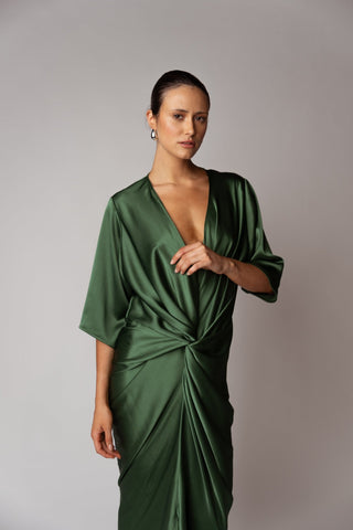 ALEX KIMONO - MATILDA - GREEN - MAXI - Dress- One Fell Swoop WITH SLEEVE - SHOT ON A WOMAN IN STUDIO. FRONT POSED MOOD SHOT 