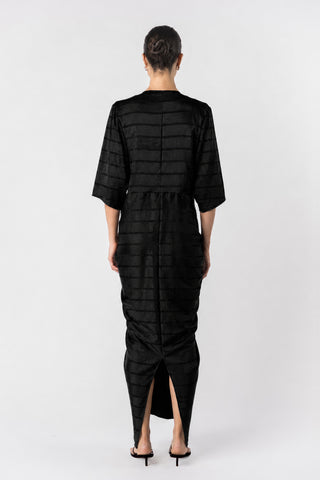 Back view of the Alex Kimono in Raven featuring textured striped viscose, relaxed kimono sleeves and centre back split.
