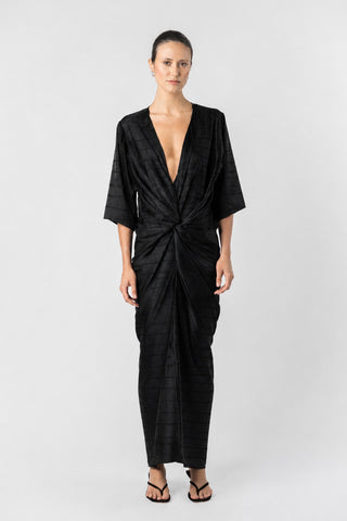 One Fell Swoop Alex Kimono in Raven featuring a plunging neckline, sculptural twist detail and textured viscose maxi silhouette.