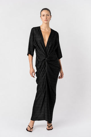 Alex Kimono in Raven by One Fell Swoop showcasing kimono sleeves, signature waist twist and textured black viscose fabrication.