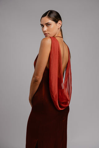 Velare Maxi Terrarosa satin gown with fluid movement and soft back drape
