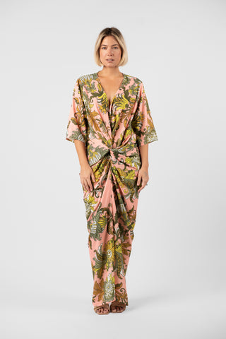 One Fell Swoop Alex Kimono in Jardin de Soie, full-length front view in the exclusive baroque botanical print, kimono sleeved maxi dress.