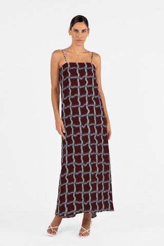 One Fell Swoop Duplicity Slip in the exclusive Vesna print featuring a square neckline, adjustable straps and relaxed bias-cut maxi silhouette.