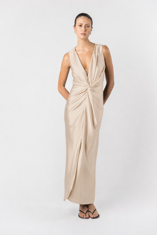 Gaia Maxi V2 in Oyster by One Fell Swoop – detail of sculptural twist knot and V neckline in Oyster crinkle textured satin, made to order