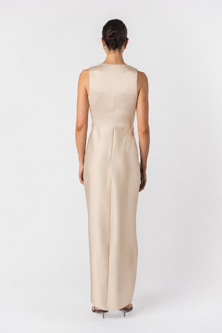 Gaia Maxi V2 in Oyster by One Fell Swoop – back view showing concealed centre back zip and elegant satin drape, made to order