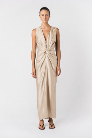 Gaia Maxi V2 in Oyster by One Fell Swoop – sculptural twist knot maxi dress with deep V neckline in warm off-white crinkle satin, made to order