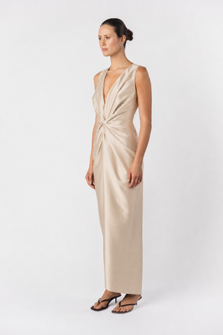 Gaia Maxi V2 in Oyster by One Fell Swoop – fluid maxi silhouette with centre front wrap split and cinched twist waist, made to order