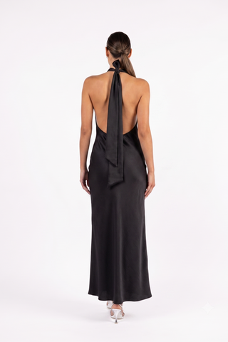 One Fell Swoop Kristina Dress in Obsidian featuring an open low back and single button fastening, halter maxi dress.