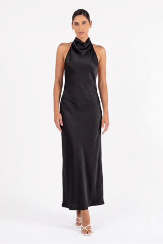 One Fell Swoop Kristina Dress in Obsidian featuring a draped cowl halter neckline and floor-length hem, halter maxi dress.