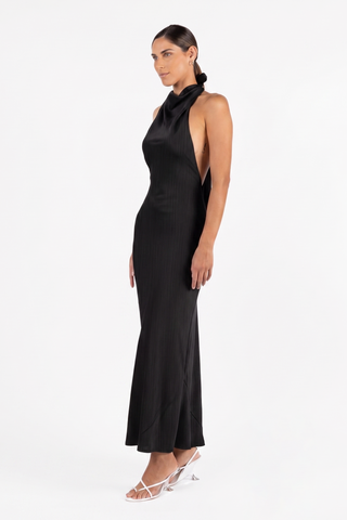 One Fell Swoop Kristina Dress in Obsidian featuring a bias-cut silhouette and floor-length hem, halter maxi dress.