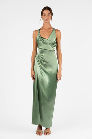 LEVITATE MAXI DRESS SWAY GREEN SATIN SPLIT COWL ASSYMETRIC NECKLINE WITH SPLIT