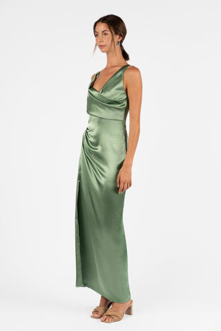 LEVITATE MAXI DRESS SWAY GREEN SATIN SPLIT COWL ASSYMETRIC NECKLINE WITH SPLIT SIDE