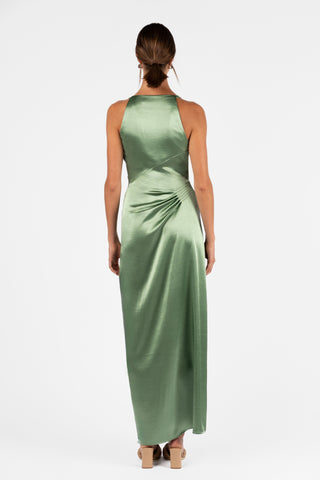 LEVITATE MAXI DRESS SWAY GREEN SATIN SPLIT COWL ASSYMETRIC NECKLINE WITH SPLIT BACK