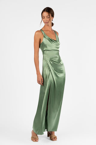 LEVITATE MAXI DRESS SWAY GREEN SATIN SPLIT COWL ASSYMETRIC NECKLINE WITH SPLIT SIDE LEFT