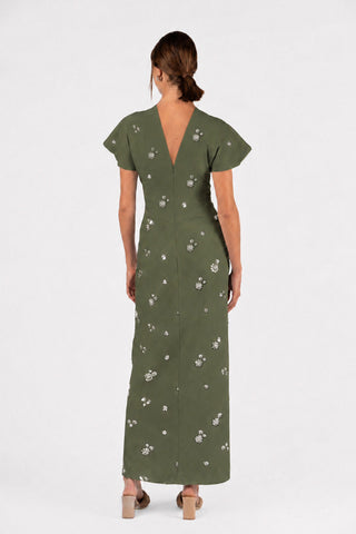 Back view green maxi dress Kiera Dress Sunday Girl V back embellished evening dress