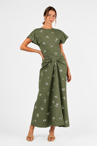 Kiera Dress Sunday Girl green beaded maxi dress draped waist event and wedding guest dress