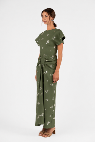 Side detail Kiera Dress Sunday Girl sculptural pleated waist green embellished formal maxi dress