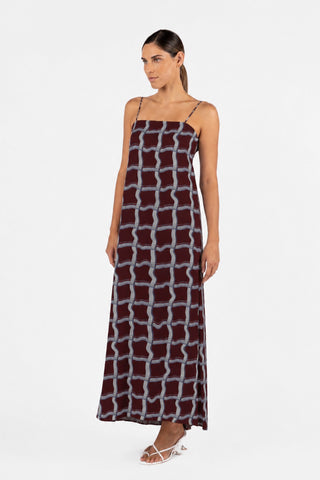 One Fell Swoop Duplicity Slip in the exclusive Vesna print viewed from the side, featuring a square neckline and softly draped bias-cut silhouette.