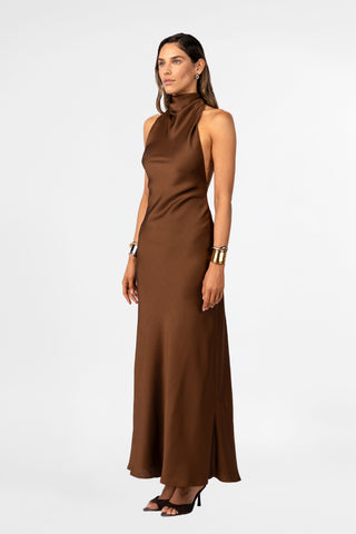 The Kristina Dress has become a favourite for bridesmaids, wedding guests and modern black tie dressing alike. Crafted in Kobicha Satin, an exclusive One Fell Swoop