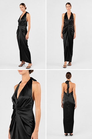 One Fell Swoop Talia Dress in Obsidian - four-panel studio view showing side, front, knot waist detail and open back