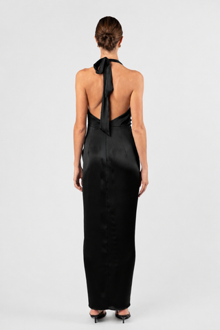 One Fell Swoop Talia Dress in Obsidian — back view showing open back design and adjustable halter neck tie