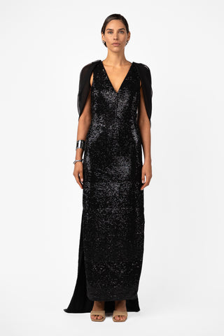 Velare Maxi in Silhouette Black Sequin full length front view with V neckline and sculpted bodice
