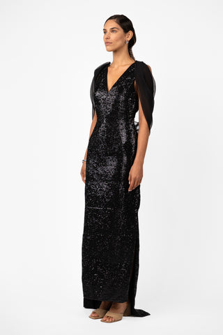Velare Maxi in Silhouette Black Sequin side view highlighting slim silhouette and subtle back train