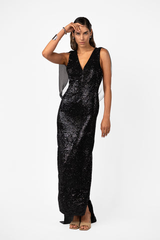 Velare Maxi in Silhouette Black Sequin full length gown with fluid movement and subtle train