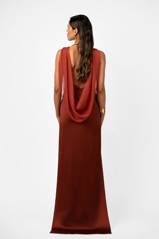 Velare Maxi Terrarosa angled back view highlighting draped chiffon overlay