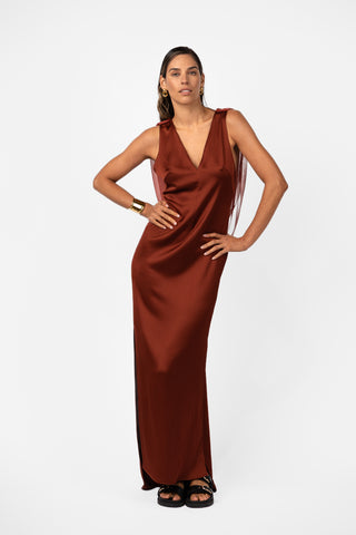 Velare Maxi Terrarosa satin gown Front with fluid movement and soft back drape