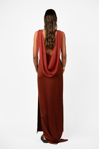 Velare Maxi in Terrarosa with sheer draped back overlay and open back detail