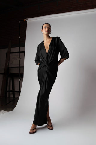 ALEX KIMONO IN OBSIDIAN BLACK SATIN - One Fell Swoop