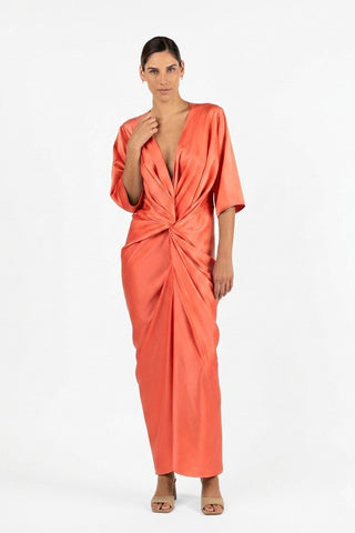 One Fell Swoop Alex Kimono in Clay, front angle view showing plunge V neckline and centre waist twist. Elbow length kimono sleeve.