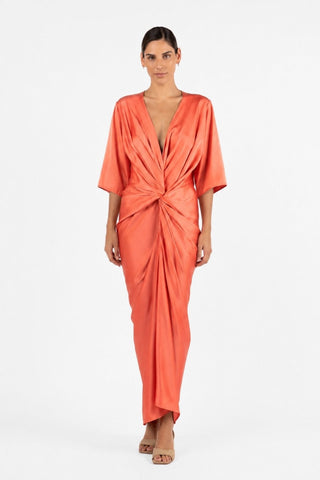 One Fell Swoop Alex Kimono in Clay, front view showing plunge V neckline and centre waist twist