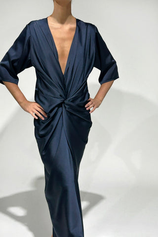 ALEX KIMONO SLEEVE MAXI IN NAVY SATIN - One Fell Swoop