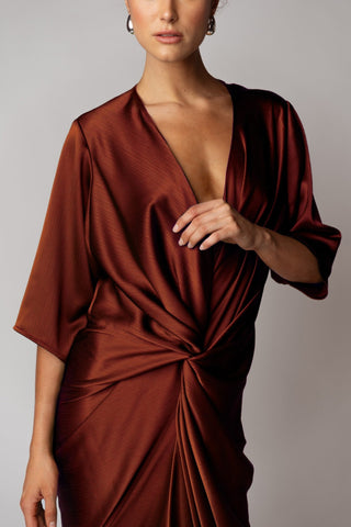 ALEX KIMONO SLEEVE MAXI IN TERRA ROSA SATIN - One Fell Swoop