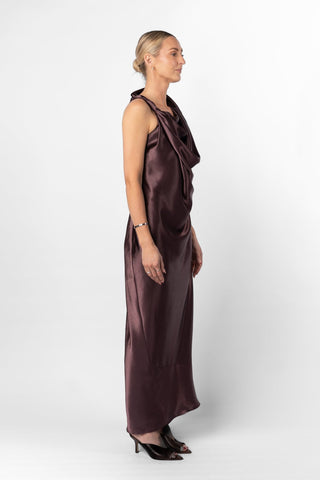 ALL & ONE DRESS WITH TIE IN AUBERGINE - One Fell Swoop