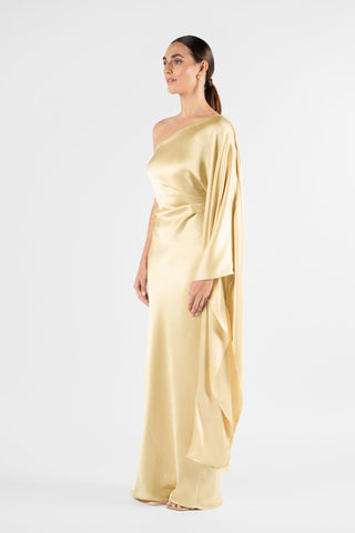 One Fell Swoop Arc Maxi in Dune, side view of the gathered waist and sleeve drape, pale gold acetate yoryu satin gown.