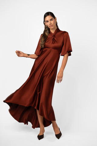 CLARION BELL SLEEVE MAXI – TERRA ROSA SATIN - One Fell Swoop