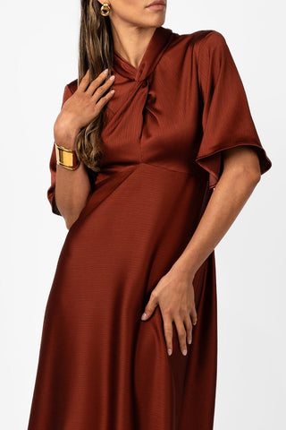 CLARION BELL SLEEVE MAXI – TERRA ROSA SATIN - One Fell Swoop