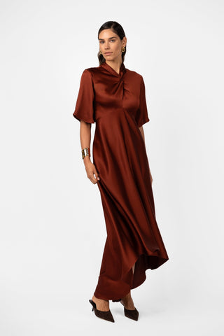 CLARION BELL SLEEVE MAXI – TERRA ROSA SATIN - One Fell Swoop