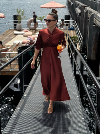 CLARION BELL SLEEVE MAXI – TERRA ROSA SATIN - One Fell Swoop