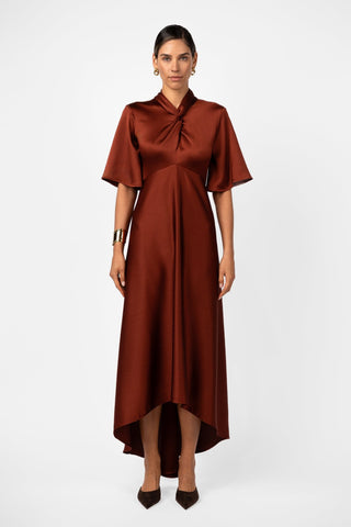 CLARION BELL SLEEVE MAXI – TERRA ROSA SATIN - One Fell Swoop