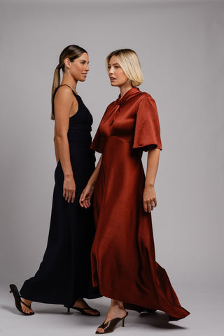CLARION BELL SLEEVE MAXI – TERRA ROSA SATIN - One Fell Swoop