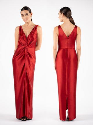 One Fell Swoop Galia Maxi in Carmine featuring a plunging V neckline and sculptural waist twist, red satin maxi gown.