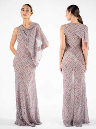 One Fell Swoop Glinch Gown in Ink Veil featuring a draped cowl neckline and cascading overlay, printed georgette maxi gown.